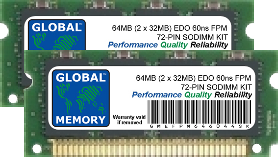 64MB (2 x 32MB) EDO FPM 72-PIN SODIMM MEMORY RAM KIT FOR LAPTOPS/NOTEBOOKS 64MB (2 x 32MB) EDO FPM 72-PIN SODIMM MEMORY RAM KIT FOR LAPTOPS/NOTEBOOKS